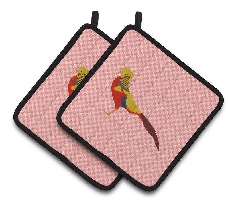 Golden or Chinese Pheasant Pink Check Pair of Pot Holders BB7928PTHD