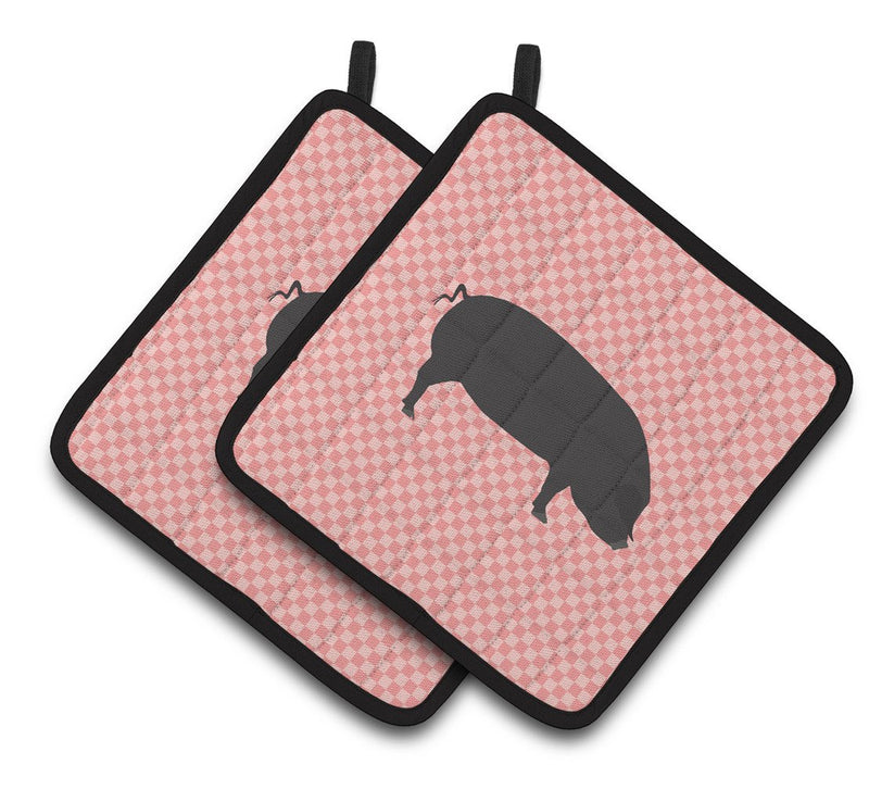 Devon Large Black Pig Pink Check Pair of Pot Holders BB7931PTHD