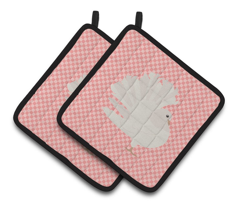 Silver Fantail Pigeon Pink Check Pair of Pot Holders BB7950PTHD