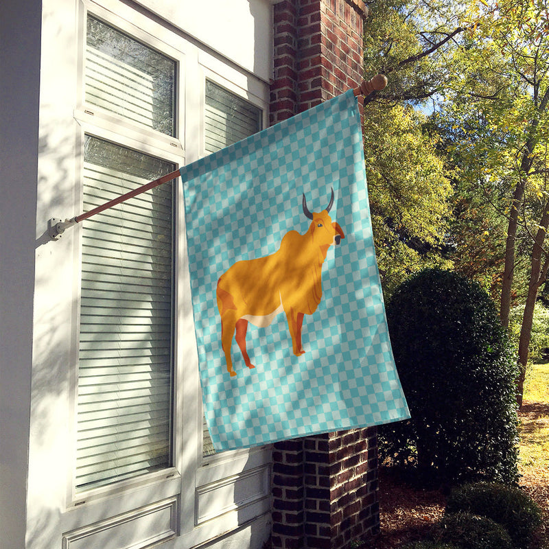 Zebu Indicine Cow Blue Check Flag Canvas House Size BB7999CHF