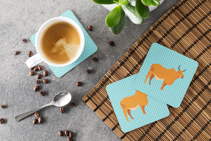 Zebu Indicine Cow Blue Check Foam Coaster Set of 4 BB7999FC