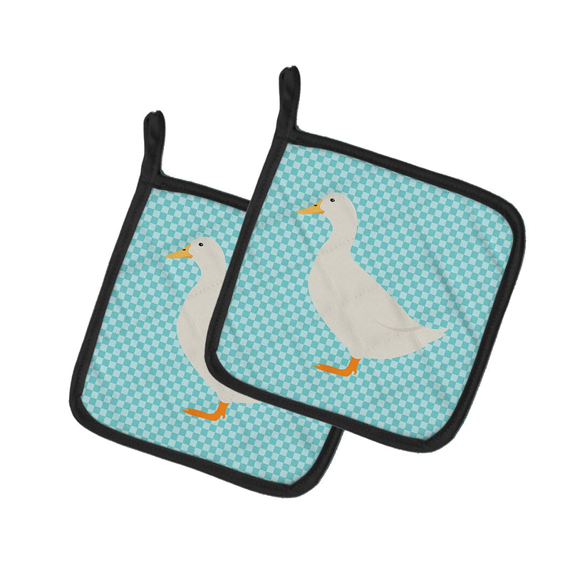 American Pekin Duck Blue Check Pot Holders - Set of 2 - Heat-Resistant Kitchen Essentials BB8034PTHD