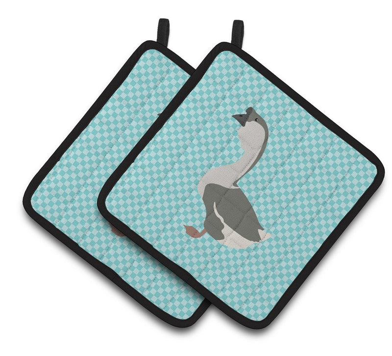 African Goose Blue Check Pair of Pot Holders BB8073PTHD