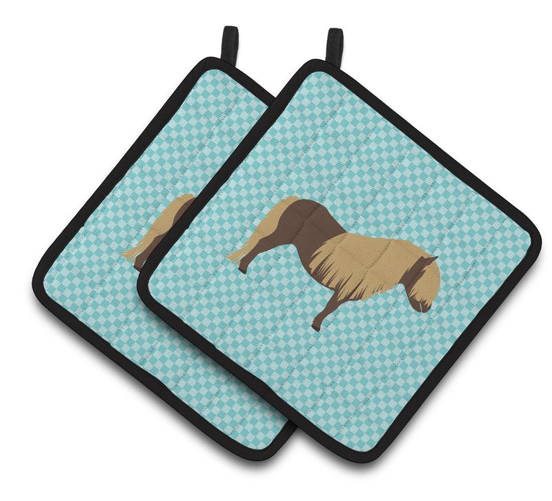 Shetland Pony Horse Blue Check Pair of Pot Holders BB8088PTHD