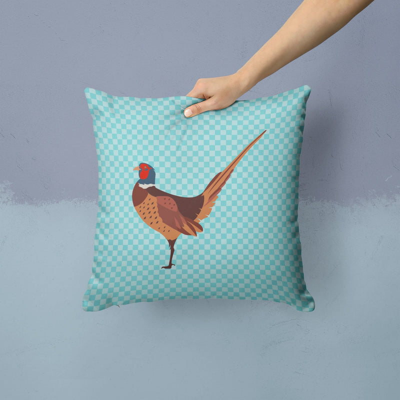 Ring-necked Common Pheasant Blue Check Fabric Decorative Pillow BB8104PW1414