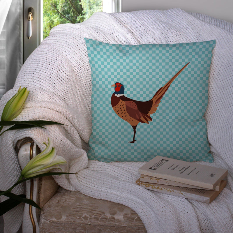 Ring-necked Common Pheasant Blue Check Fabric Decorative Pillow BB8104PW1414