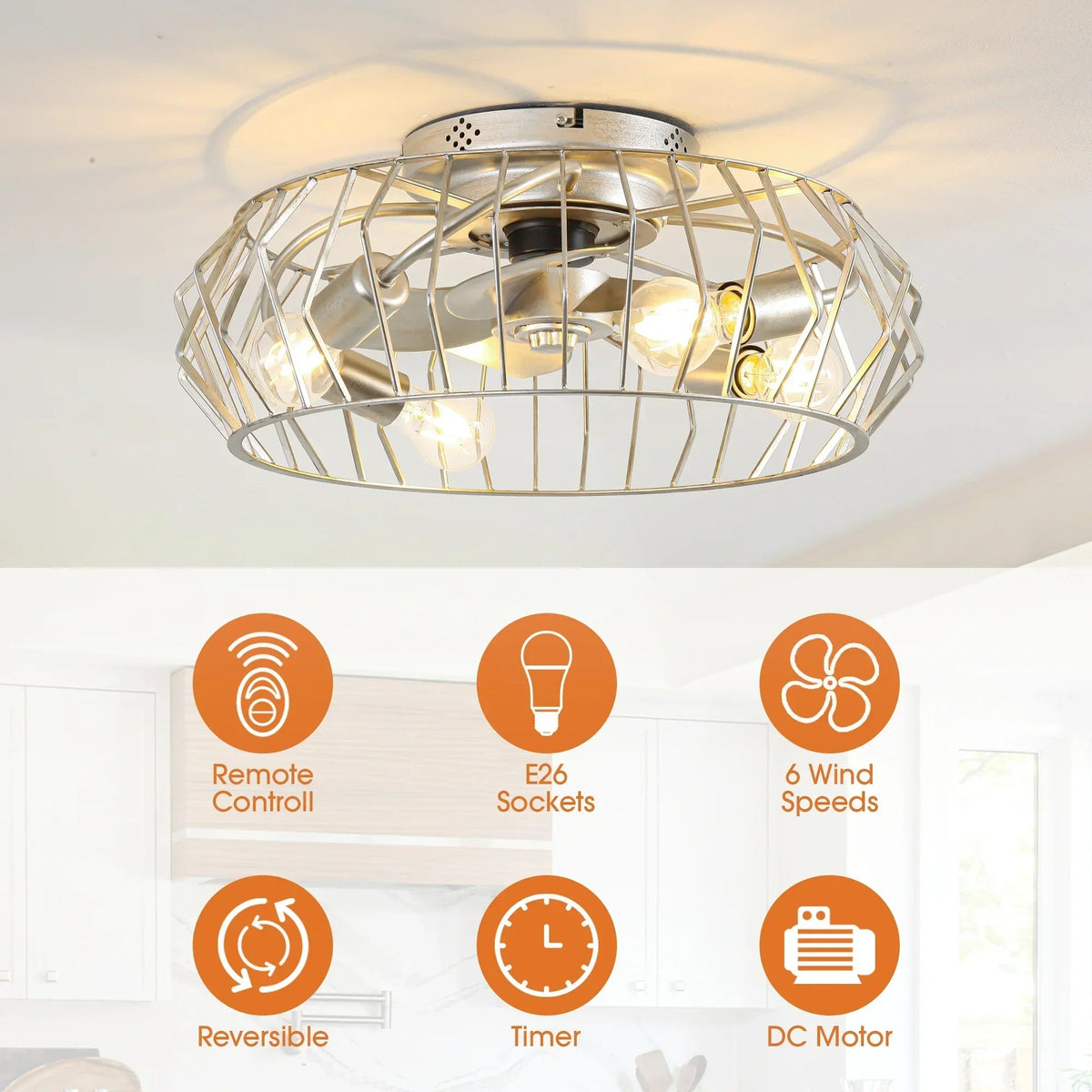 20 Inch Silver Flush Mount Ceiling Fan with Light APP and Remote Control, photo 6 of 15