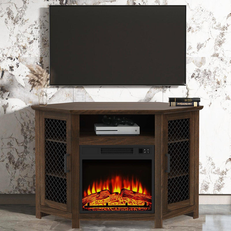 45" Corner Electric Fireplace TV Stands Console Table with 2 Metal Mesh Doors