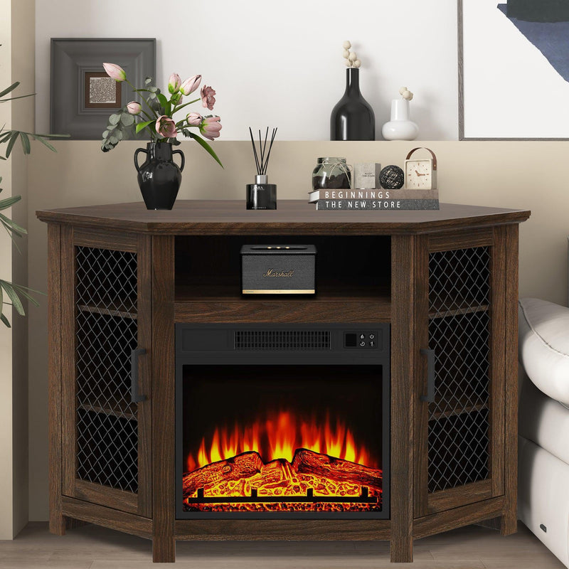 45" Corner Electric Fireplace TV Stands Console Table with 2 Metal Mesh Doors