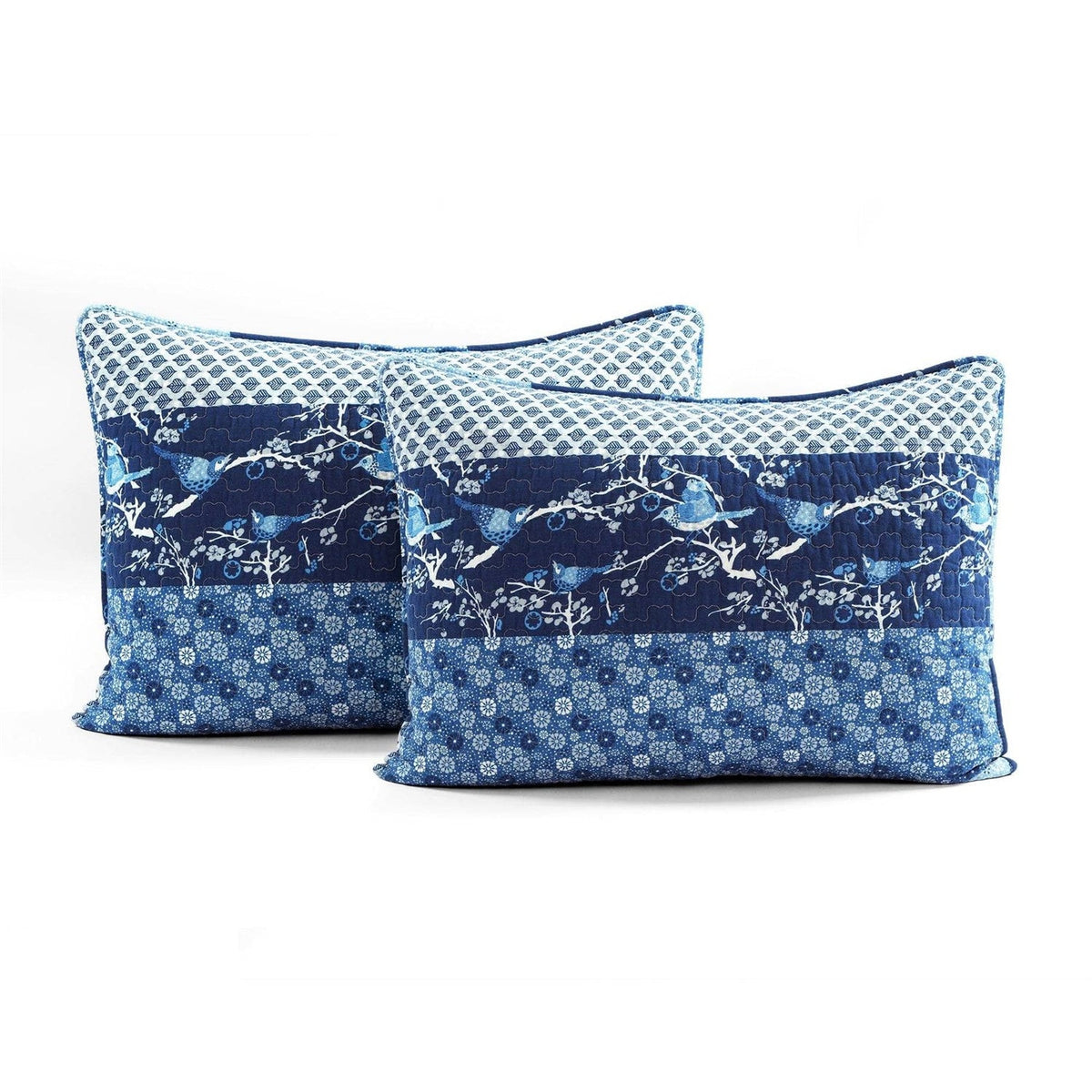 Full/Queen Navy White Light Blue Boho Floral Birds Reversible Quilt Set, photo 4 of 4