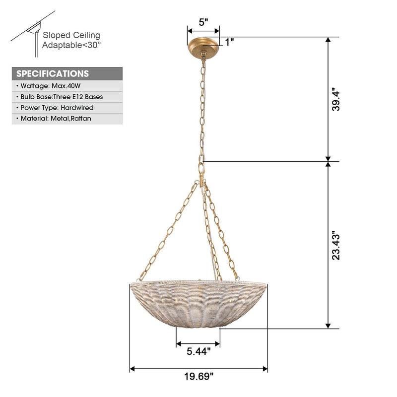 Farmhouse 3-Light Rattan Island Pendant Lighting in Bowl Shape