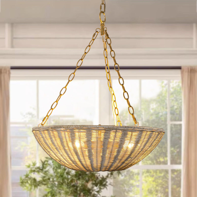 Farmhouse 3-Light Rattan Island Pendant Lighting in Bowl Shape