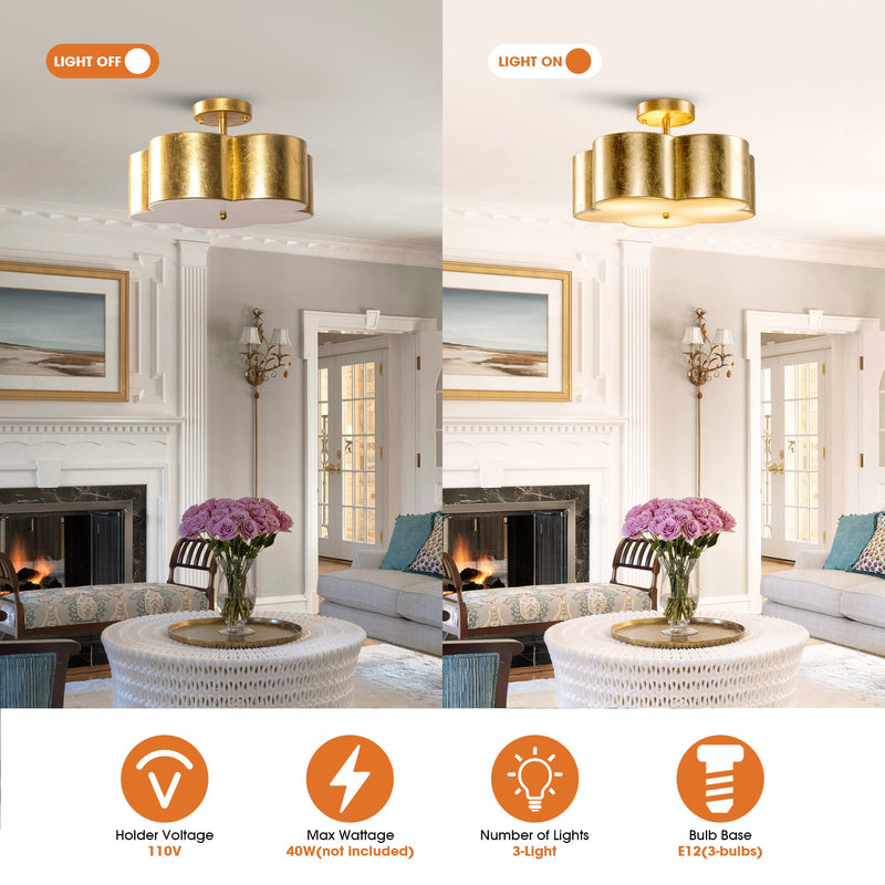 Golden Modern Semi Flush 3-Light Ceiling Lighting