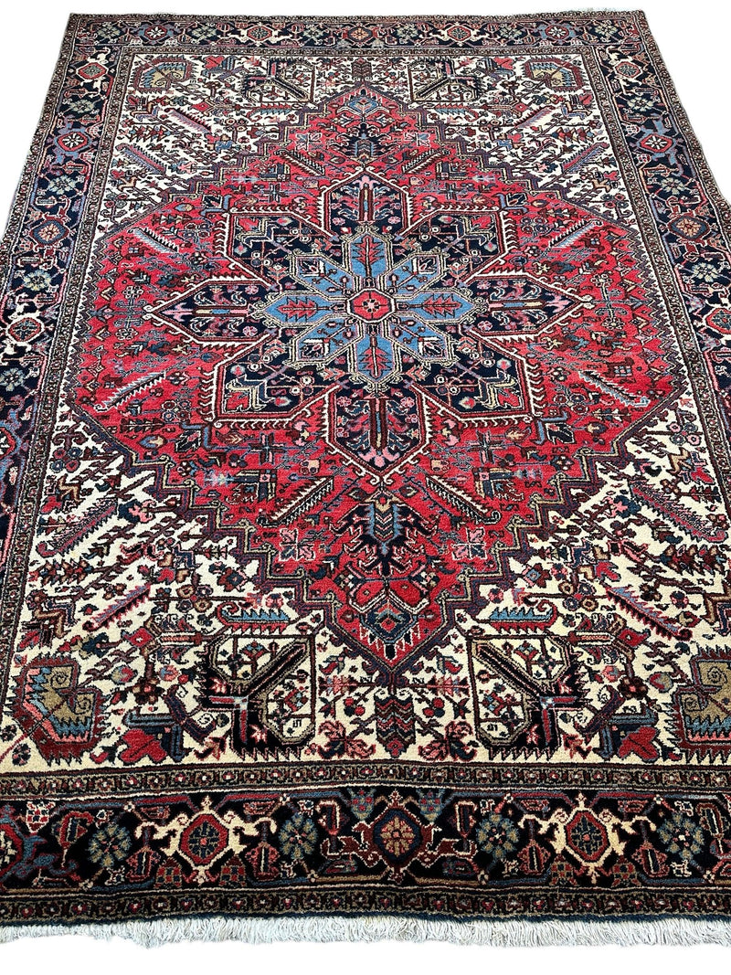 Hand-Knotted Persian Heriz Wool Rug – 9’ x 12’ – Geometric Medallion Design