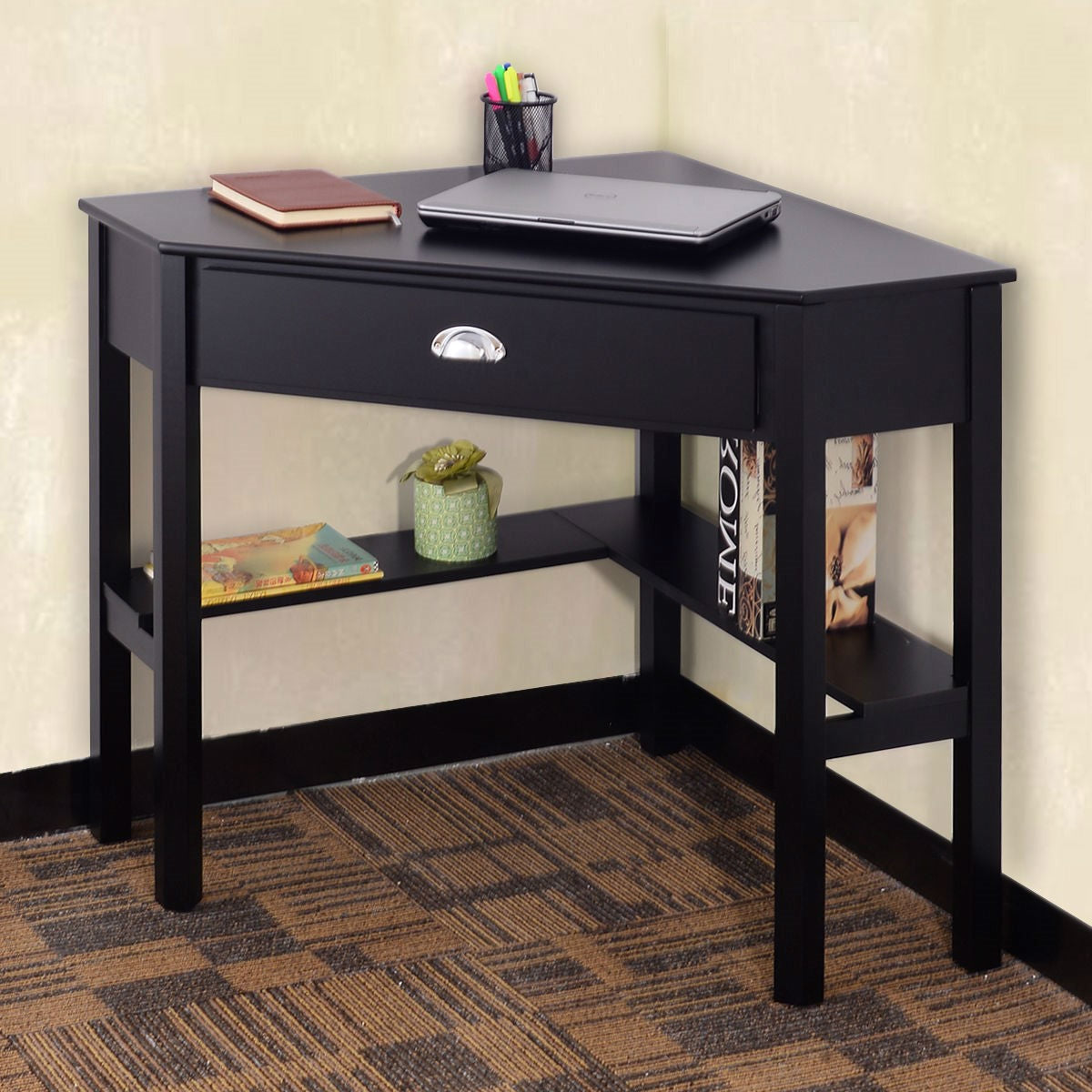 Corner Black Wood Computer Desk with Drawer, photo 2 of 3