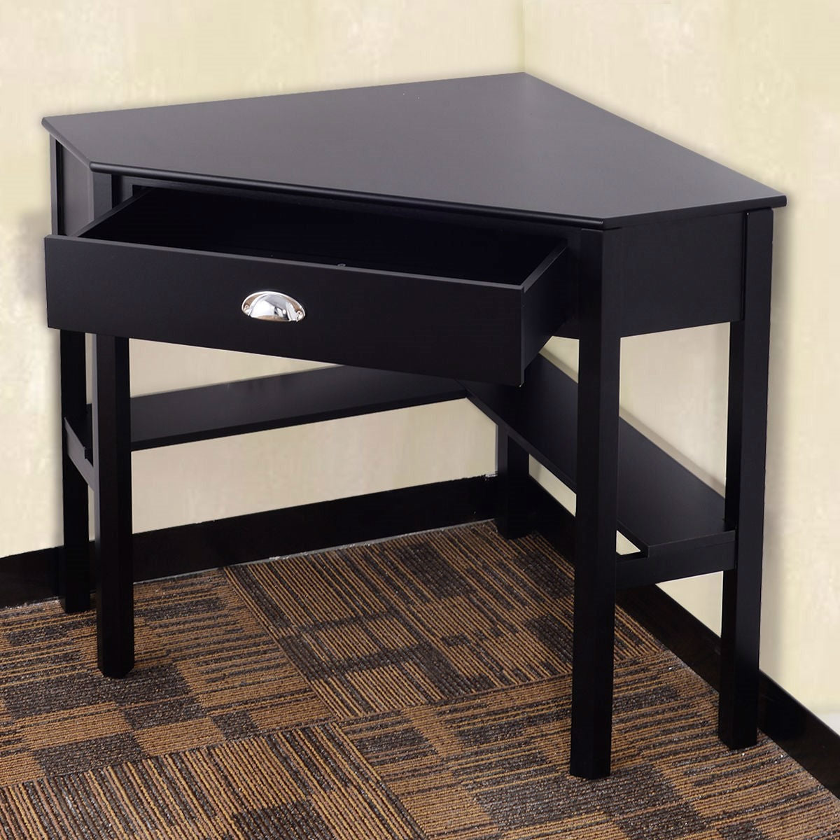 Corner Black Wood Computer Desk with Drawer, photo 3 of 3