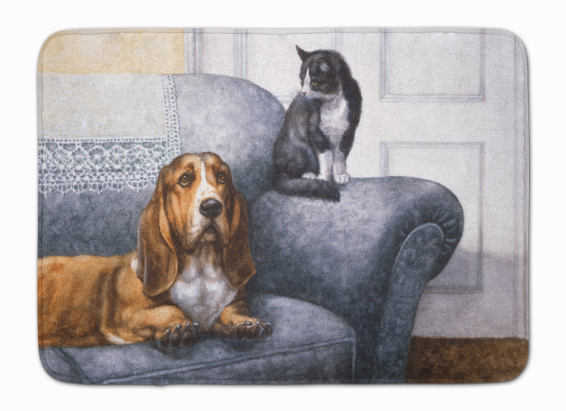 Basset Hound and Cat on couch Machine Washable Memory Foam Mat BDBA0182RUG