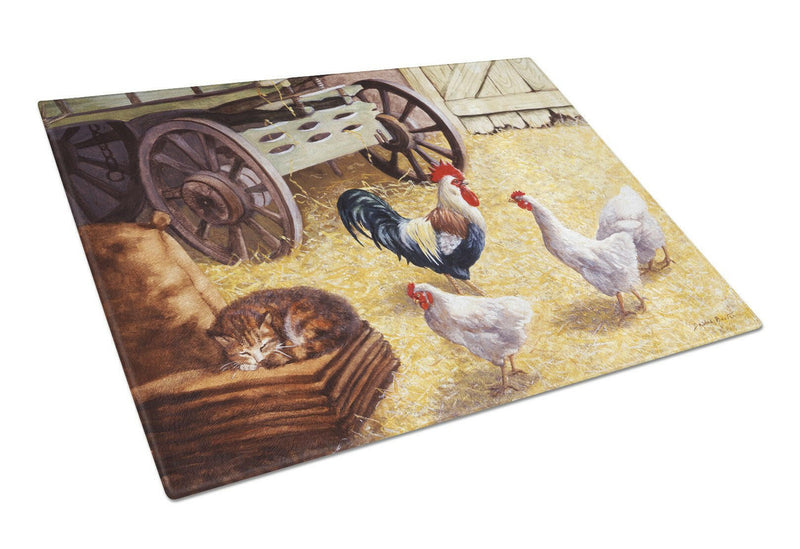 Rooster and Hens Chickens in the Barn Glass Cutting Board Large BDBA0339LCB