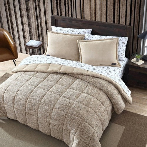 Full/Queen Plush Sherpa Reversible Micro Suede Comforter Set in Beige, photo 3 of 4