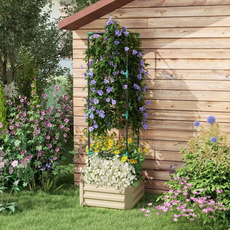 Beige Galvanized Open Bottom Raised Garden Bed Planter with Tomato Cage Trellis, photo 3 of 4