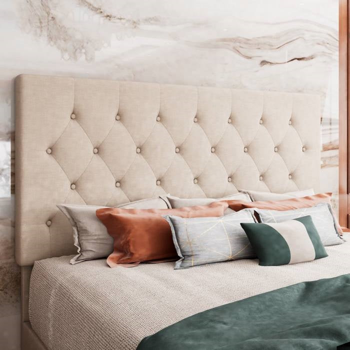 King Size Beige Linen Upholstered Platform Bed with Button-Tufted Headboard, photo 3 of 5