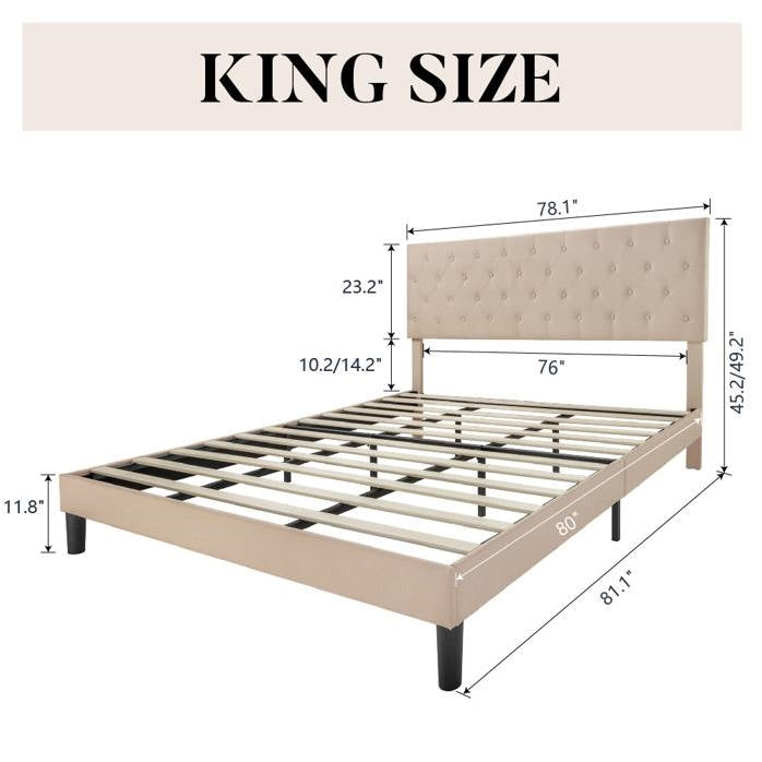 King Size Beige Linen Upholstered Platform Bed with Button-Tufted Headboard, photo 5 of 5
