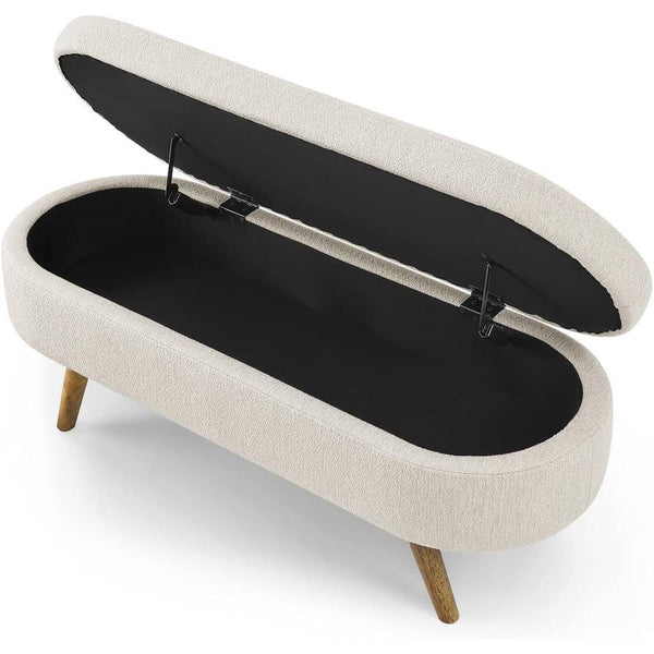 Mid-Century Modern Boho Style Off-White Beige Linen Bedroom Storage Bed Bench, photo 2 of 5