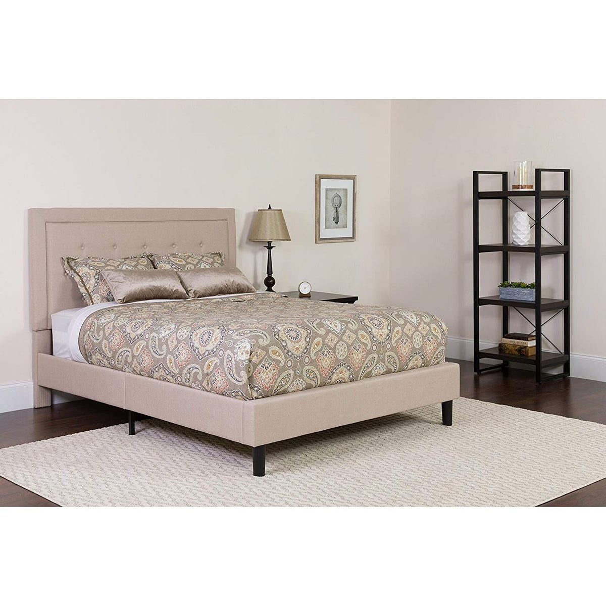 Full Beige Fabric Upholstered Platform Bed Frame with Tufted Headboard, photo 3 of 3