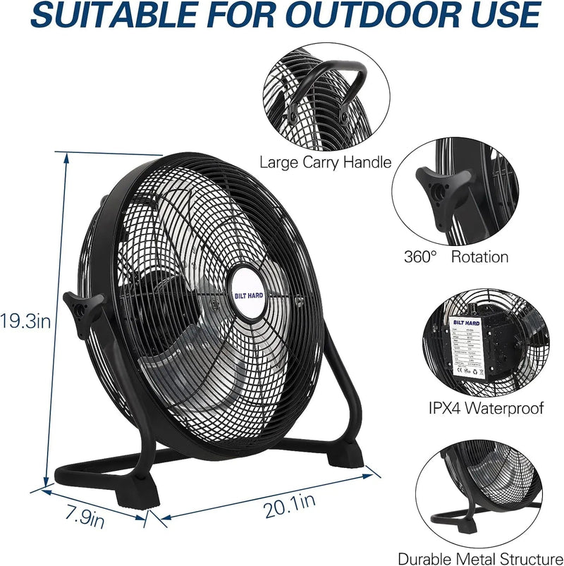 BILT HARD 16" Rechargeable Outdoor Floor Fan: 15600mAh Battery, High Velocity, All-Day Run, USB Output