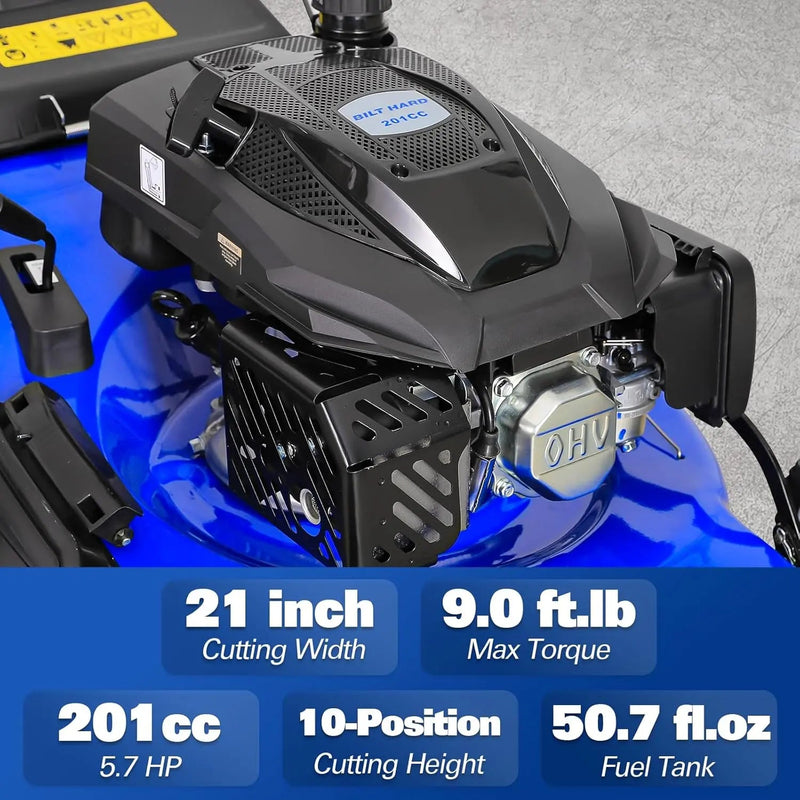 BILT HARD 21" Gas Push Mower – 201cc 3-in-1 Lawn Mower with Bagging, Mulching & Side Discharge