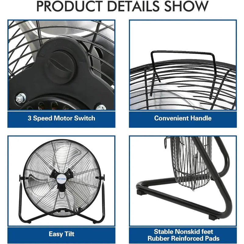 BILT HARD 20" High-Velocity Floor Fan: 4650 CFM, 3-Speed Heavy-Duty Metal Fan with Wall-Mount Option