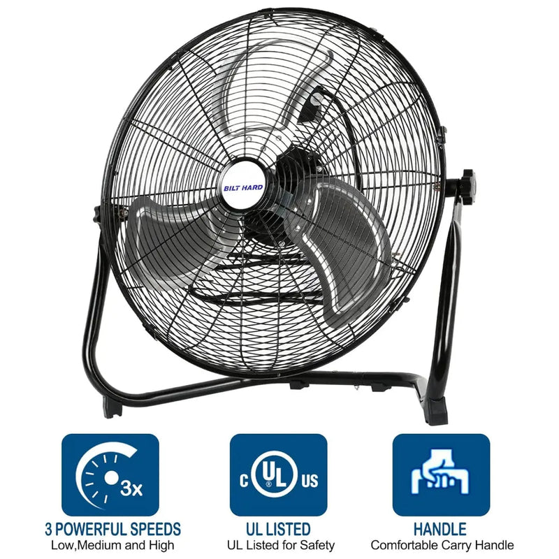 BILT HARD 20" High Velocity Floor Fan: Heavy Duty Metal, 4600 CFM, 3-Speed Industrial Fan with Wall-Mount
