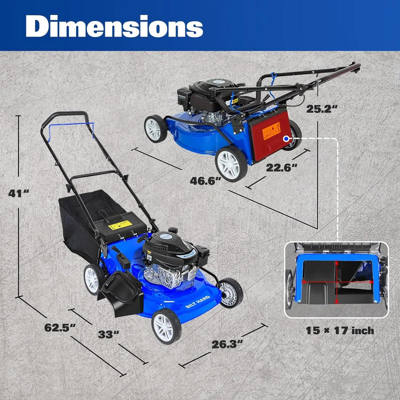 BILT HARD 21 Inch Lawn Mower Gas Powered, 4-Cycle 170cc Engine, 3-in-1 Walk-Behind Push Lawnmower with Bagging, Mulching & Side Discharge, Adjustable 10-Positions Cutting Height