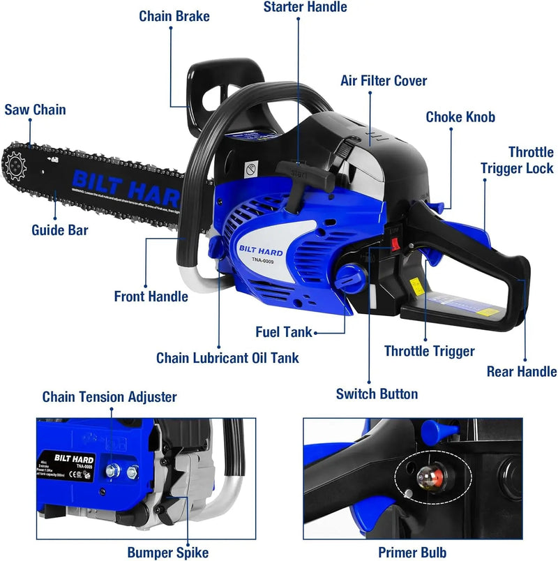 BILT HARD 22 Inch Gas Chainsaw, 56cc 3.1 HP Gas Power Chain Saw with Automatic Oiler, 2-Cycle Engine, Petrol Handheld Gasoline Chainsaws for Wood Cutting, EPA Certified