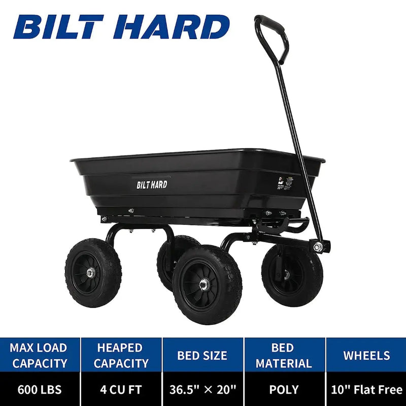 BILT HARD 4 Cu.Ft. 10" No-Flat Tires Poly Yard Dump Cart with 180° Rotating Handle, 600 lbs Capacity Heavy Duty Garden Carts and Wagons