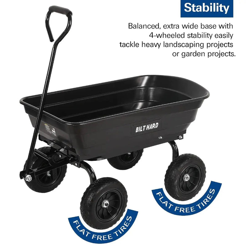 BILT HARD 4 Cu.Ft. 10" No-Flat Tires Poly Yard Dump Cart with 180° Rotating Handle, 600 lbs Capacity Heavy Duty Garden Carts and Wagons