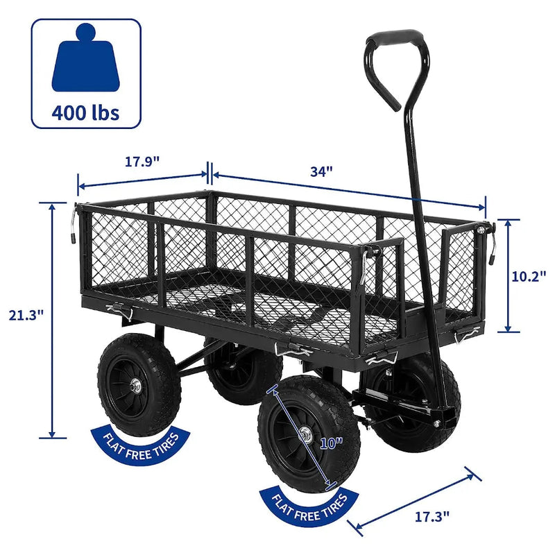 BILT HARD 400 lbs 10" Flat Free Tires Steel Garden Cart with 180° Rotating Handle and Removable Sides, 4 Cu.Ft Capacity Utility Heavy Duty Garden Carts and Wagons