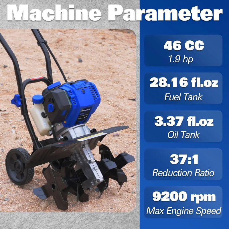 BILT HARD 16" Gas Garden Tiller – 46cc 4-Cycle Engine, 6 Steel Tines, Adjustable Wheels & Cushioned Handles for Easy Tilling & Weeding