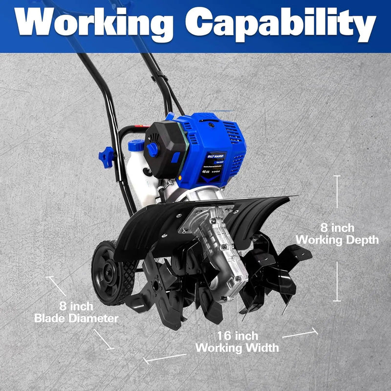 BILT HARD 16" Gas Garden Tiller – 46cc 4-Cycle Engine, 6 Steel Tines, Adjustable Wheels & Cushioned Handles for Easy Tilling & Weeding