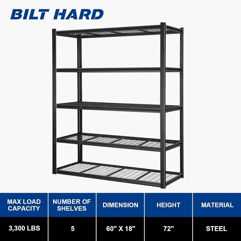 BILT HARD 3500 LBS 60" W x 18" D Garage Shelving, 72" H Heavy Duty Storage Shelves, Metal Wire Utility Shelving Units with Adjustable Shelf, Ideal for Garage, Black