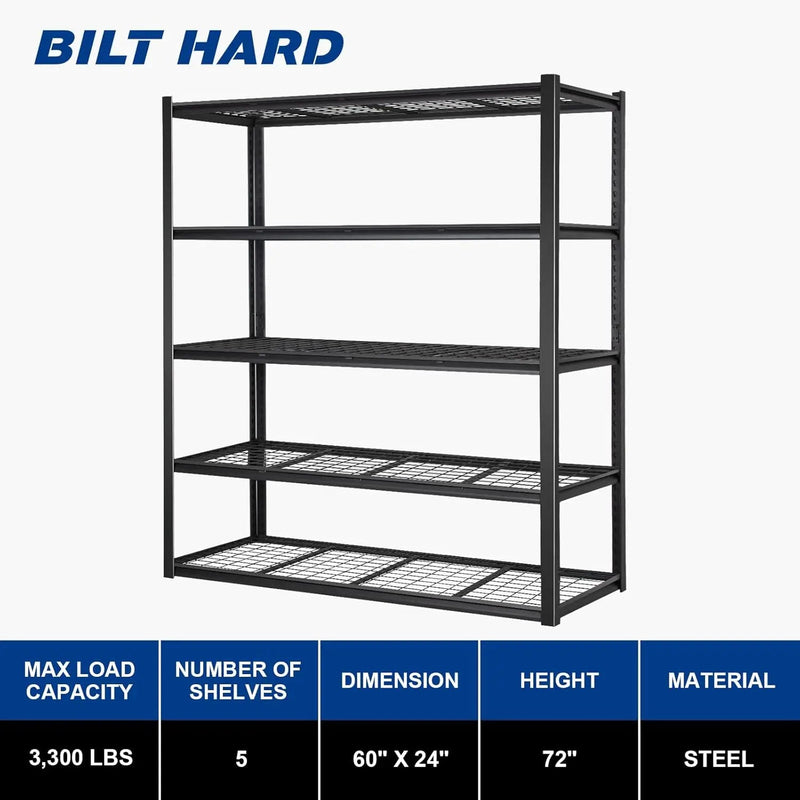 BILT HARD 60" W x 24" D Garage Shelving 3300 LBS, 72" H Storage Shelves, Heavy Duty 5-Tier Metal Shelving Units with Adjustable Shelf, Steel Wire Utility Shelving