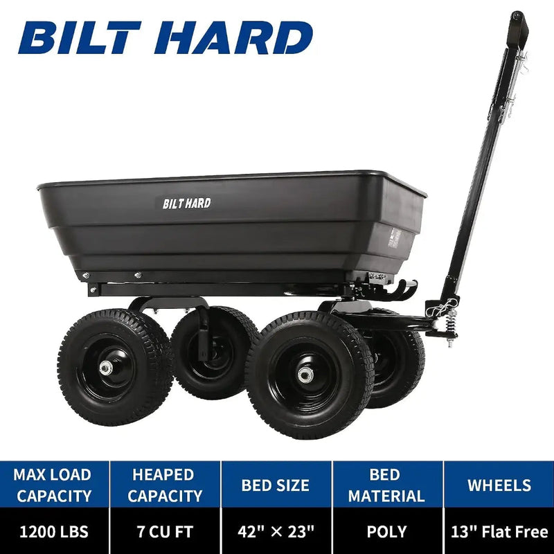 BILT HARD 7 Cu.Ft. 13 No-Flat Tires Poly Yard Dump Cart with 2-in-1 Convertible Handle, 1200 lbs Capacity Heavy Duty Garden Carts and Wagons Black