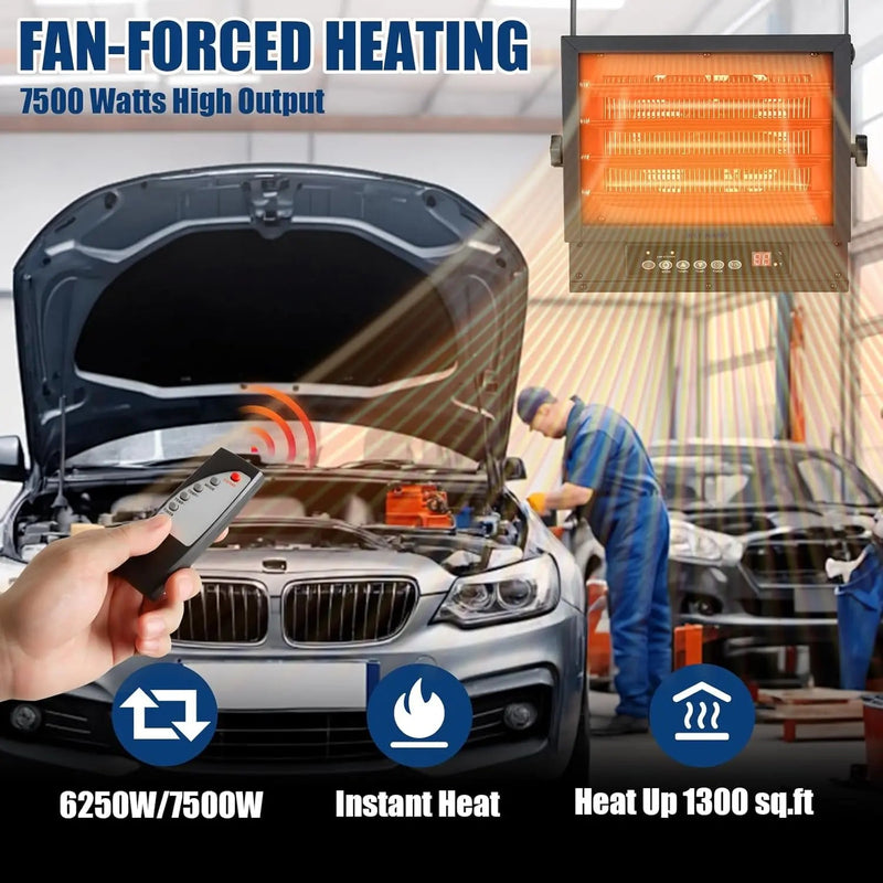 BILT HARD 7500W Electric Garage Heater, 240V Digital Fan-Forced Ceiling Mount Heater with Remote, Hardwired Shop Garage Heater with Thermostat, Overheat Protection, Timer, Ideal for Workshop