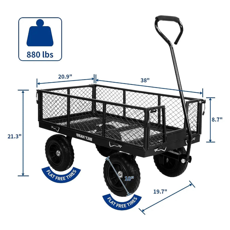 BILT HARD 880 lbs 10" Flat Free Tires Steel Garden Cart with 180° Rotating Handle and Removable Sides, Heavy Duty 4 Cu.Ft Capacity Utility Garden Carts and Wagons