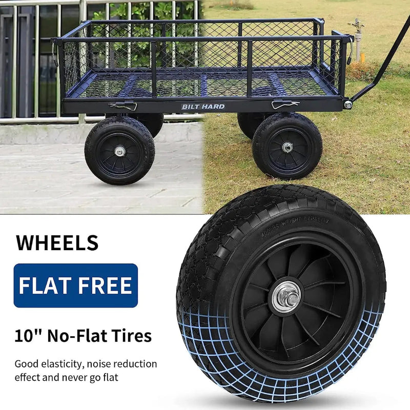 BILT HARD 880 lbs 10" Flat Free Tires Steel Garden Cart with 180° Rotating Handle and Removable Sides, Heavy Duty 4 Cu.Ft Capacity Utility Garden Carts and Wagons