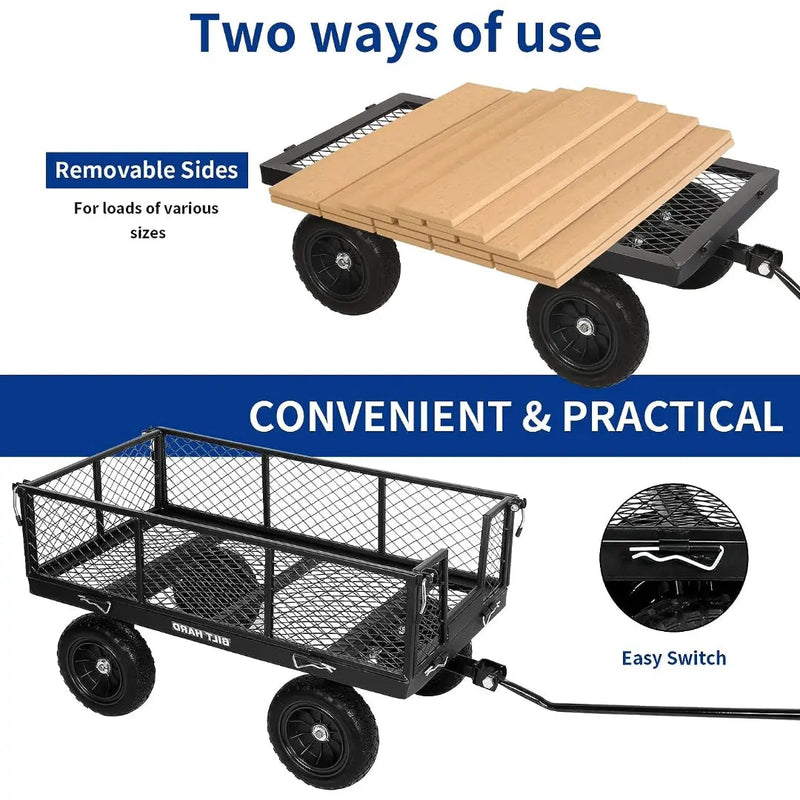 BILT HARD 880 lbs 10" Flat Free Tires Steel Garden Cart with 180° Rotating Handle and Removable Sides, Heavy Duty 4 Cu.Ft Capacity Utility Garden Carts and Wagons