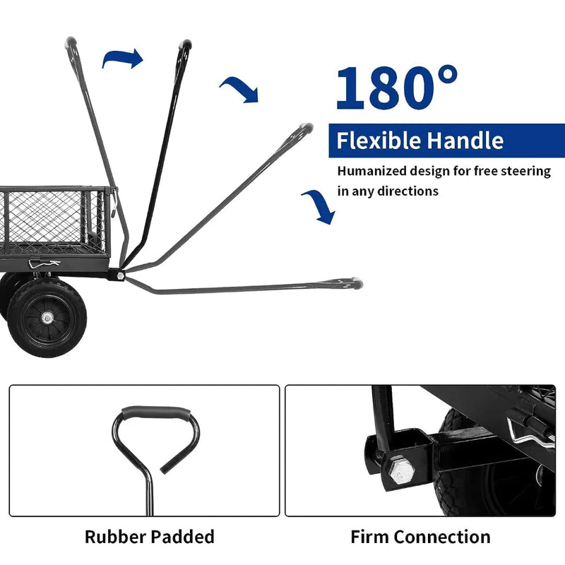 BILT HARD 880 lbs 10" Flat Free Tires Steel Garden Cart with 180° Rotating Handle and Removable Sides, Heavy Duty 4 Cu.Ft Capacity Utility Garden Carts and Wagons