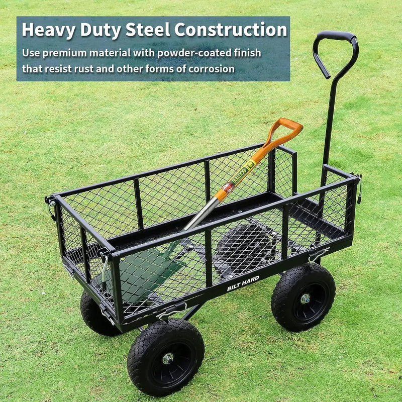 BILT HARD 880 lbs 10" Flat Free Tires Steel Garden Cart with 180° Rotating Handle and Removable Sides, Heavy Duty 4 Cu.Ft Capacity Utility Garden Carts and Wagons