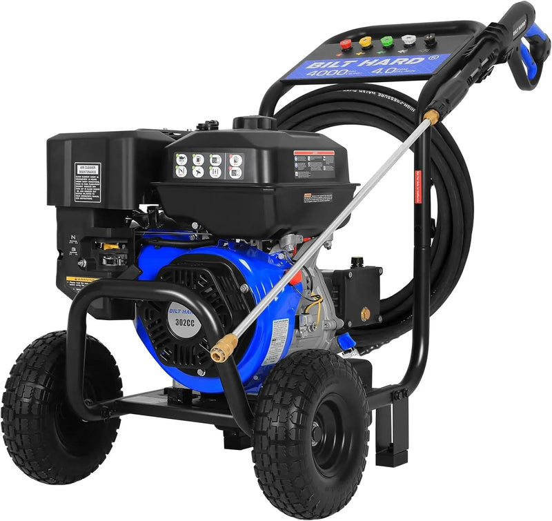 BILT HARD 4000 PSI 4.0 GPM GAS Pressure Washer, 302cc Engine, Gas Power Washer with Triplex Pump, Spray Gun and Wand, Built-In Soap Tank, 5 QC Nozzle Tips, 50 Ft Hose with 3/8" Quick Connect, 49-State