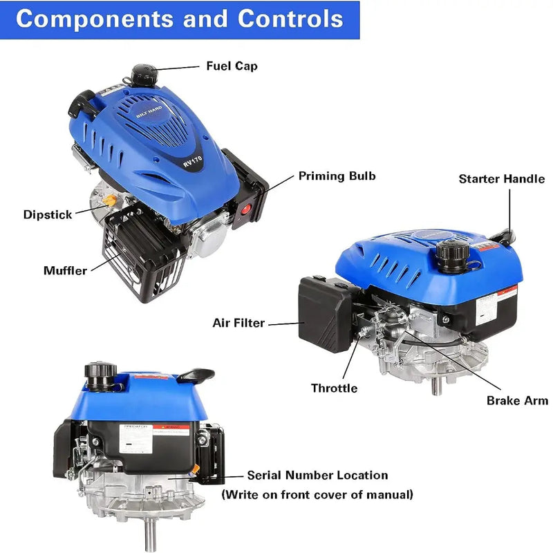 BILT HARD Gas Engine Vertical Shaft, 173cc 4.4 HP 4-Stroke Gas Motor, Replacement Engine for Lawn Mower, EPA & CARB Compliant